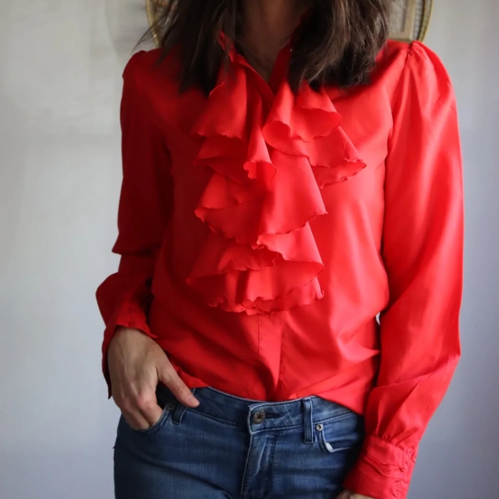 Vintage Ruffle Blouse 80s 90s Small Red